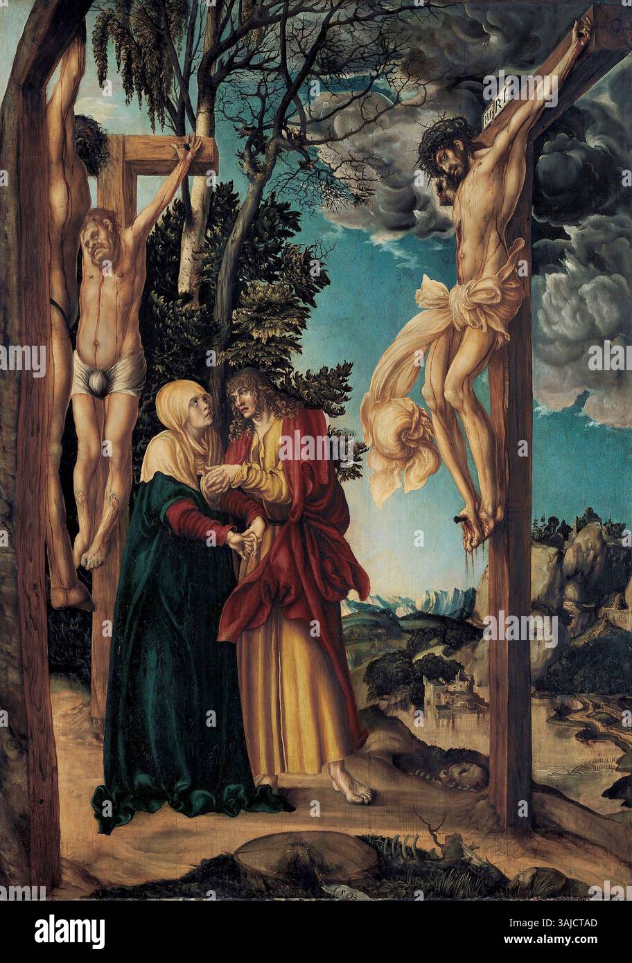 La "Lamentazione di Cristo" (1503) di Lucas Cranach il Vecchio raffigura il lutto di Cristo dopo la Crocifissione. Verniciato con olio su un pannello di abete, il pezzo è alloggiato nell'alte Pinakothek. L'opera mostra lo stile distintivo di Cranach nell'arte religiosa. Foto Stock