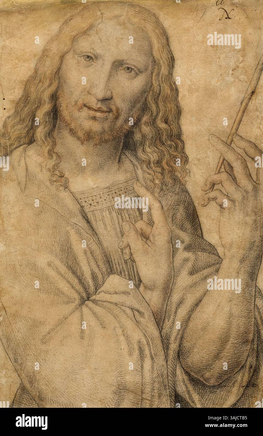 San Giovanni Battista, attribuito a Jacopo de' Barbari, è un disegno in gesso nero e rosso datato intorno al 1500-1510. Il disegno raffigura la figura di San Giovanni, enfatizzando l'iconografia religiosa e la tecnica distintiva dell'artista. Foto Stock