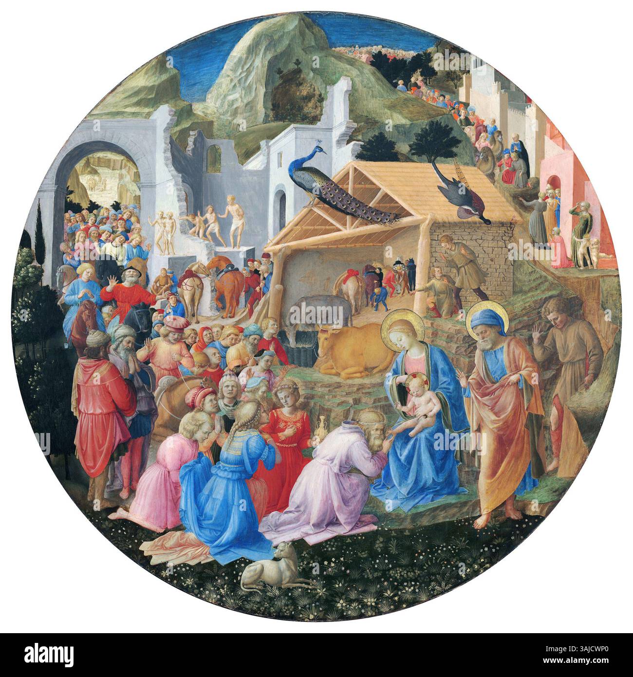 "L'Adorazione dei Magi", dipinta da fra Angelico e fra Filippo Lippi tra il 1440 e il 1460, raffigura la scena biblica dei tre Magi che offrono doni al bambino Cristo. Questa tempera su tavola è conservata nella Galleria Nazionale d'Arte e rappresenta elementi chiave dell'arte religiosa rinascimentale. Foto Stock