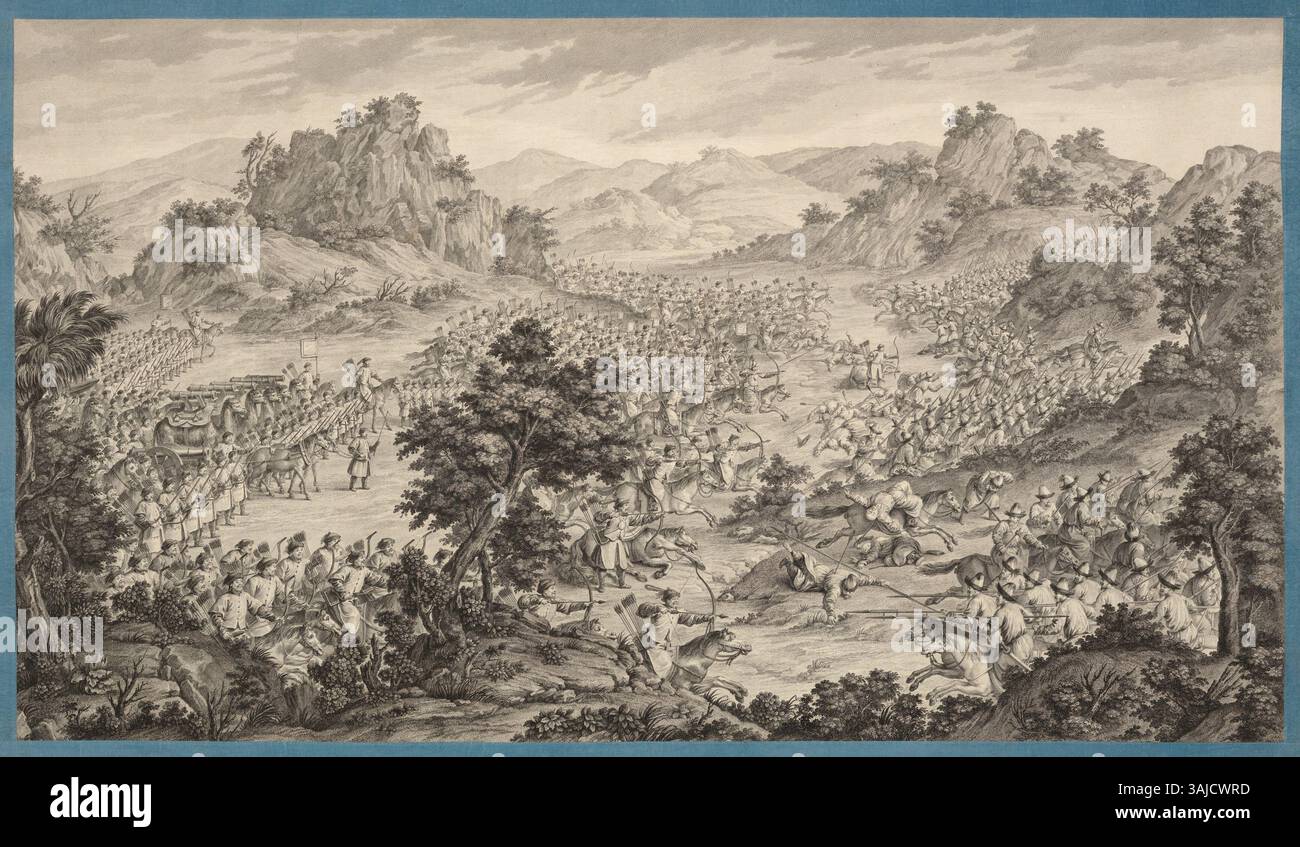 Un'incisione raffigurante la battaglia di Qurman, creata da Jean-Damascène Sallusti negli anni '1760 La stampa commemora una vittoria nella regione durante il XVIII secolo, con scontri militari francesi e cinesi. Foto Stock