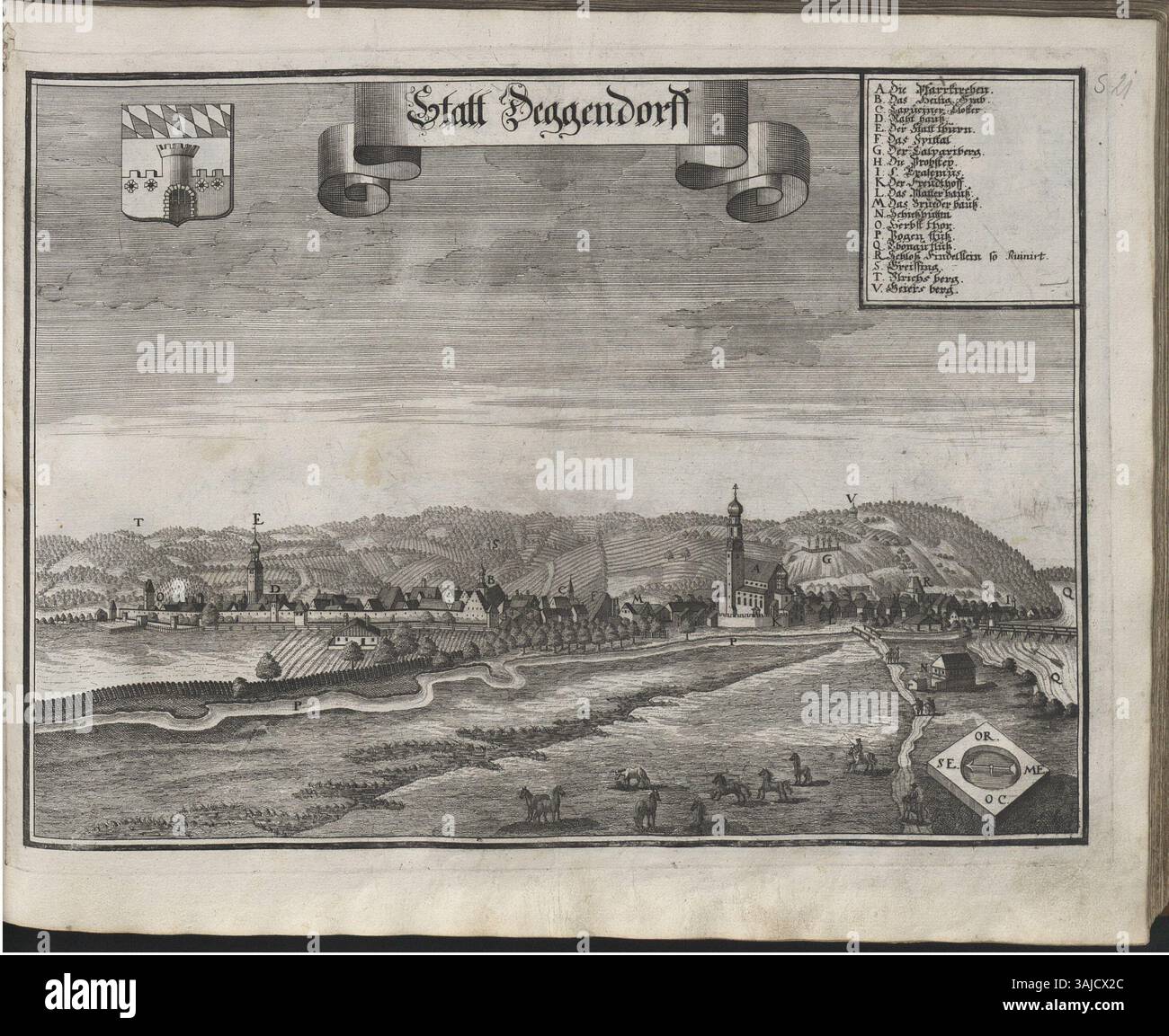 Questa mappa, parte del lavoro di Michael Wening sulla regione di Straubing, fornisce informazioni sui dettagli storici e topografici della Baviera nel XVII secolo, tra cui città, castelli e monumenti significativi dell'epoca. Foto Stock