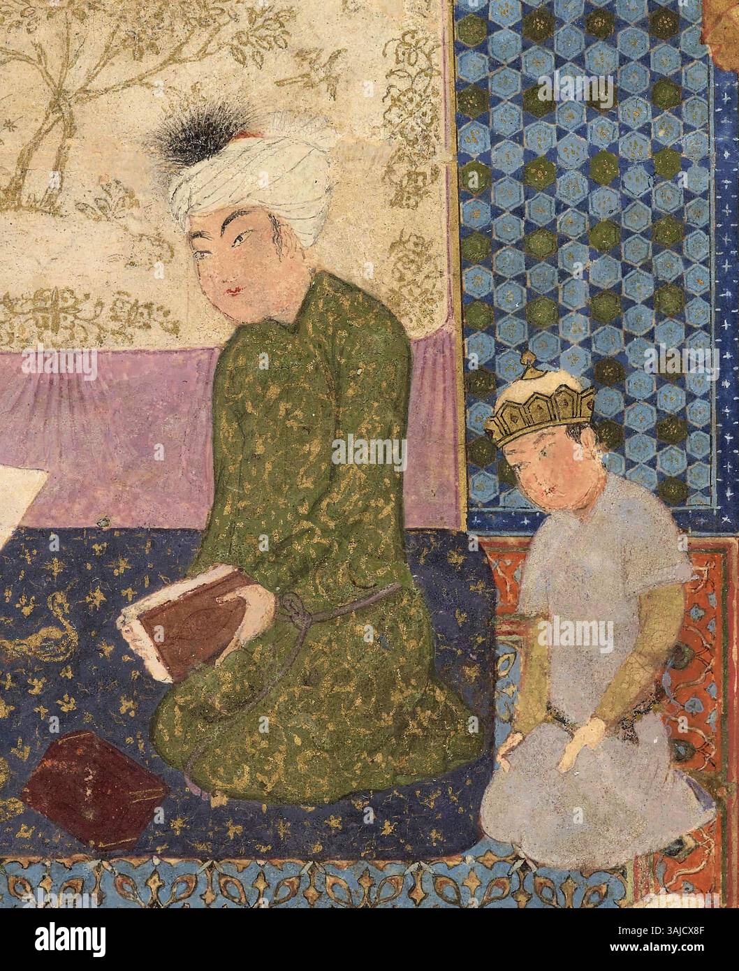 L'incoronazione del sultano Husayn Bayqara nel 1469, accompagnata da suo figlio Badi al-Zaman, è raffigurata in un manoscritto del XV secolo. Questa immagine rappresenta il momento cerimoniale dell'elevazione del sovrano a Herat durante il periodo timuride. Foto Stock