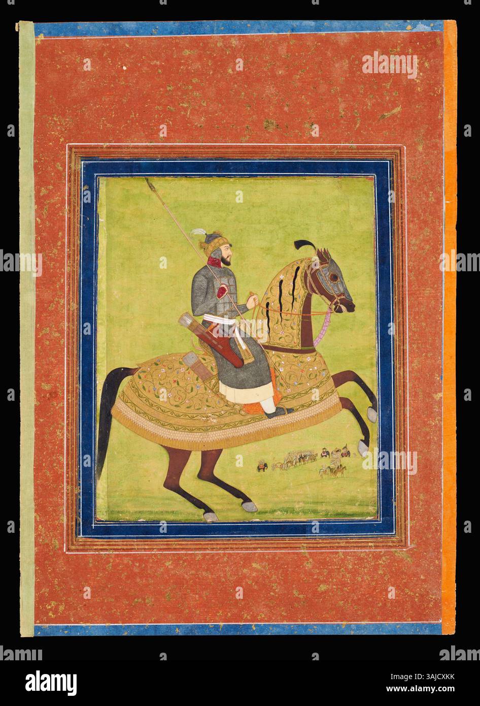 Questo ritratto della fine del XVII secolo raffigura il principe Azam Shah, il terzo figlio dell'imperatore Aurangzeb dell'Impero Moghul. Il dipinto lo cattura a cavallo in uno stile cupo, riflettendo il suo carattere docile e pio. Lo sfondo presenta dettagli minimalisti e piccoli elefanti. Foto Stock