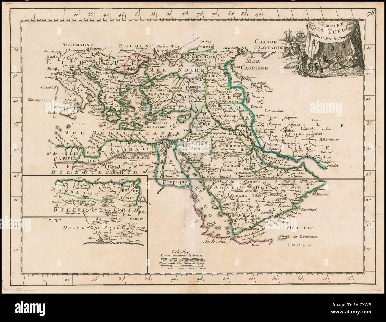 Una mappa del 1748 dell'Impero turco di Georges Louis le Rouge, che mostra l'estensione geografica e i confini politici dell'impero durante il XVIII secolo. Foto Stock