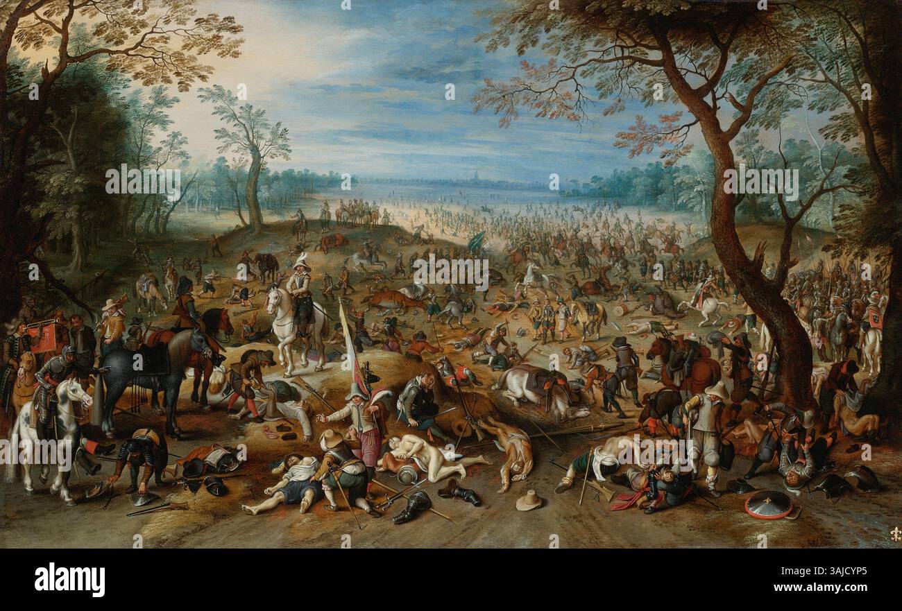 "Le conseguenze di una battaglia" di Sebastiaen Vrancx (XVII secolo) mostra la devastazione che segue un conflitto. La pittura a olio su pannello cattura il tributo emotivo e fisico della guerra. Foto Stock