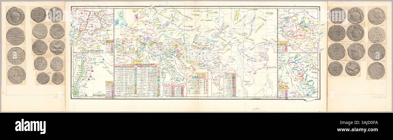 L'Enciclopedia Mondiale del manoscritto ottomano di Abdürrahim Hilmi Bey contiene più di 580 pagine in scrittura ottomana e 380 mappe. L'opera è una rara fusione di cartografia e arte visiva, con meticolosi dettagli in oro e argento. La Mecca è raffigurata come un punto centrale della geografia islamica, esposta attraverso stampe e collage provenienti da varie fonti. Foto Stock
