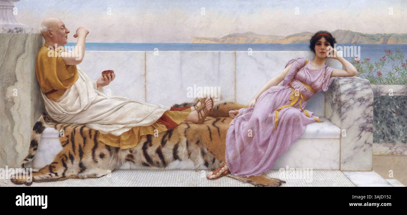 Il dipinto del 1898 Eighty and Eighteen di John William Godward raffigura una giovane donna in abito classico, evocando temi di bellezza e il passaggio del tempo, tipici dell'arte di genere di Godward. Foto Stock