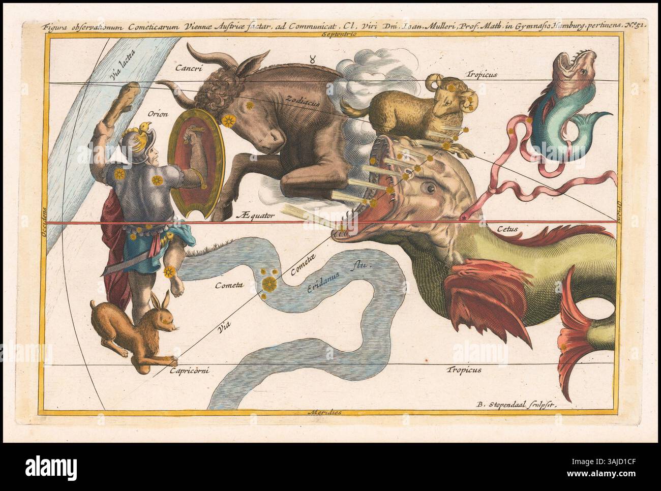 Una mappa celeste del 1668 di Stanisław Lubieniecki, raffigurante osservazioni di comete. Questa mappa è un contributo significativo alla ricerca astronomica moderna e al tracciamento delle comete. Foto Stock