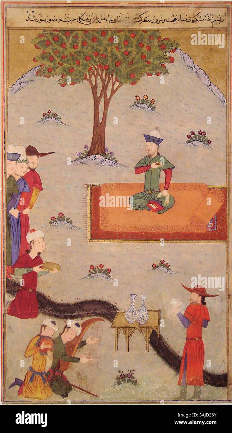 Questa scena dello Zafarnama di Ibrahim Sultan, creata nel 1436, raffigura Timur che celebra la sua conquista di Delhi nel 1398. L'opera riflette il trionfo storico e la grandezza dell'arte timuride. Foto Stock