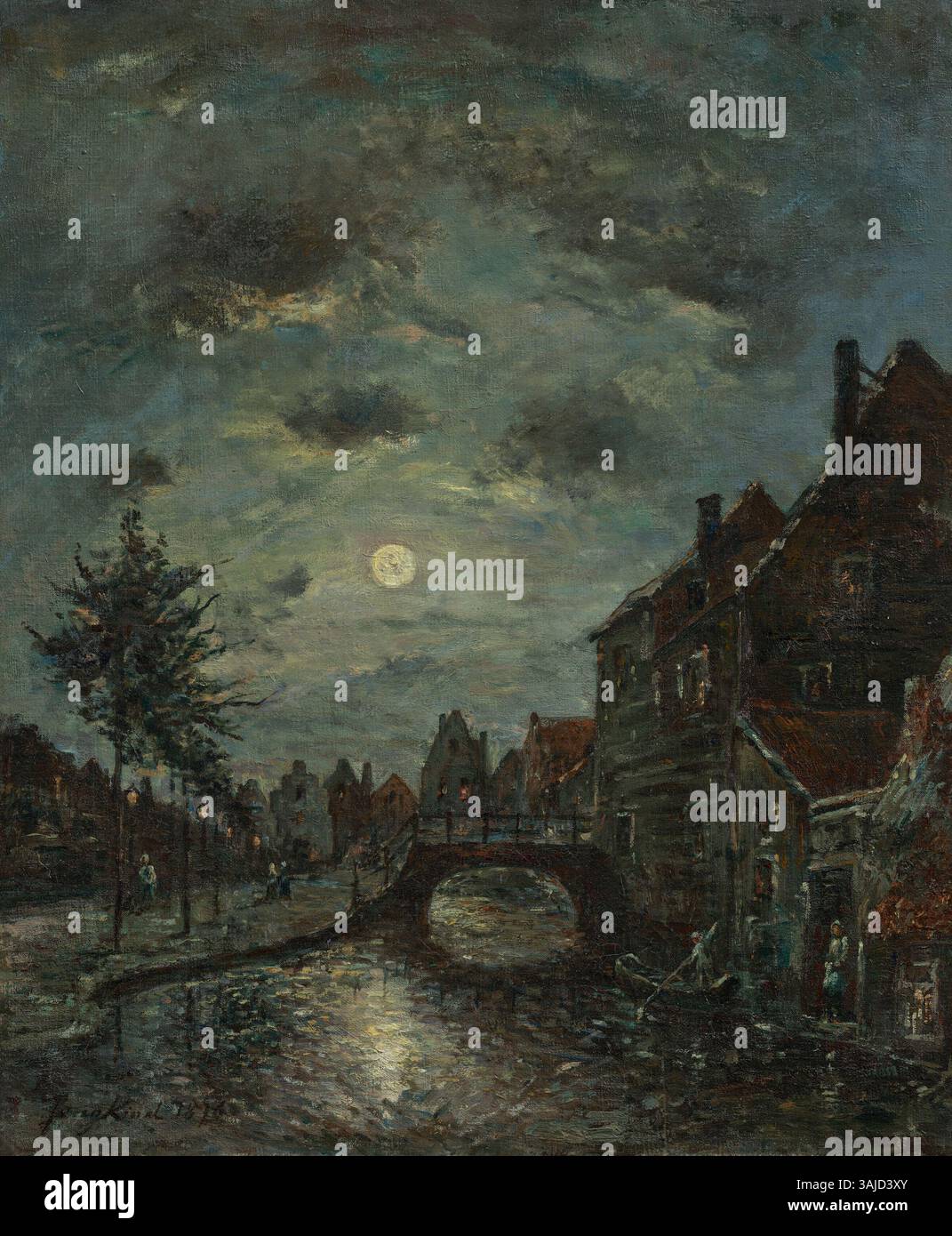 "Un Canal Intérieur à Dordrecht, Claire de Lune" di Johan Barthold Jongkind (1876) raffigura una scena di canale illuminata dalla luna in olio su tela, mostrando la maestria dell'artista nel paesaggio e nella luce. Foto Stock
