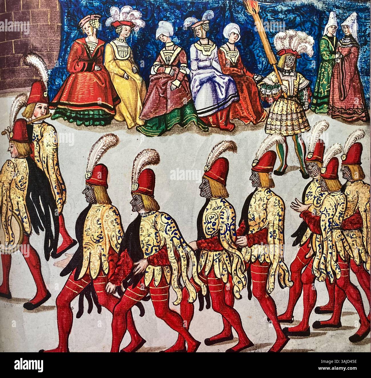 Miniatura (folio 179) dal Libro del Torneo Freydal, creato per l'imperatore Massimiliano I. il manoscritto, conservato dal Kunsthistorisches Museum di Vienna, raffigura scene di tornei medievali ed eventi cavallereschi. Questa opera d'arte mette in risalto la cultura di corte dei primi anni del XVI secolo e lo stile artistico preferito dall'imperatore. Foto Stock