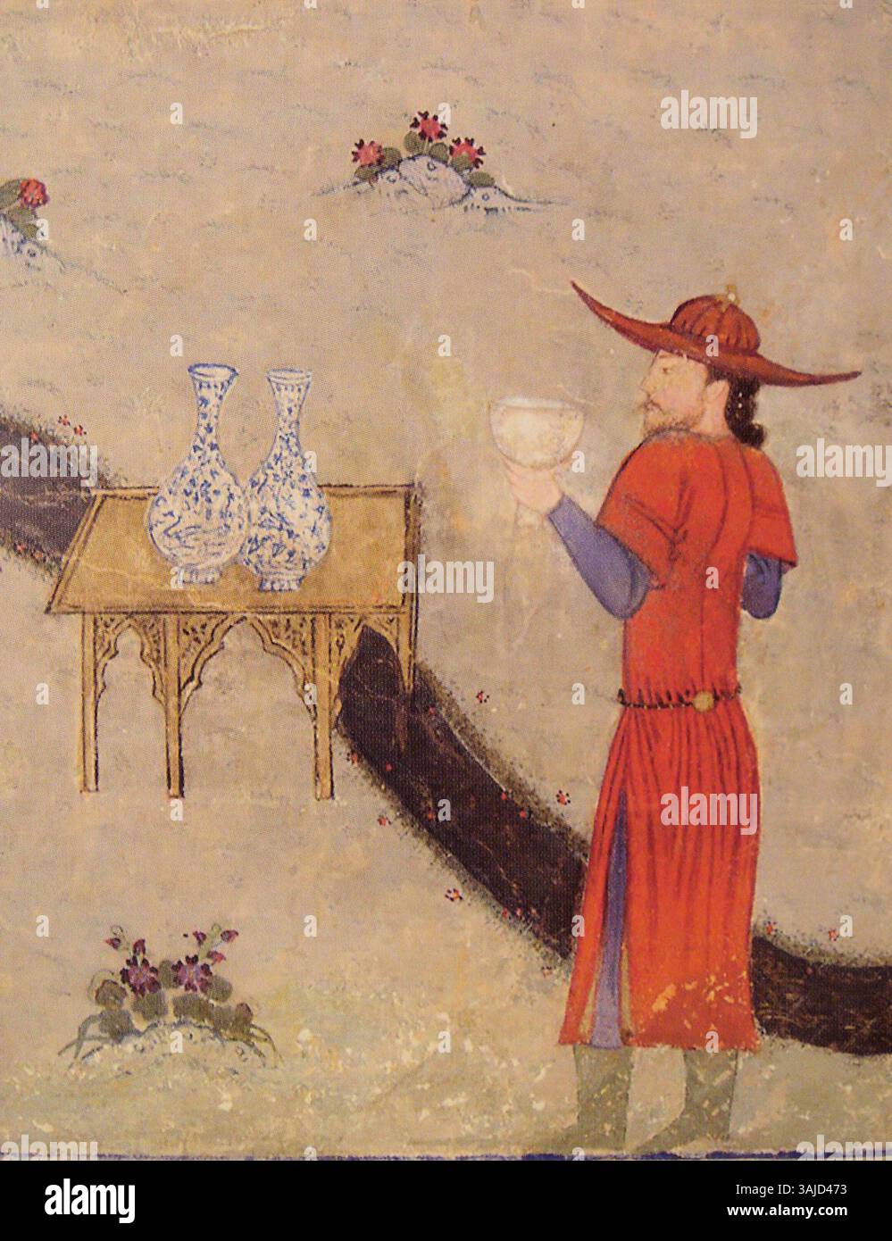 Questa opera d'arte del 1436 mostra un assistente che tiene in mano vasi cinesi. La rappresentazione mette in evidenza lo scambio culturale tra la Persia orientale e timuride nel corso del XV secolo. Foto Stock