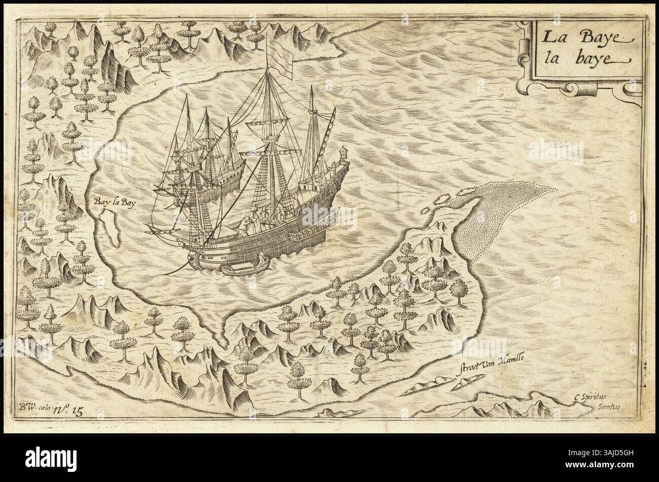 Una mappa del 1602 di Albay, una provincia nel sud di Luzon, Filippine. La mappa, creata da Benjamin Wright dopo Olivier van Noort, illustra le navi ancorate a Rapu Rapu Bay durante il viaggio globale di van Noort del 1598-1601. Foto Stock