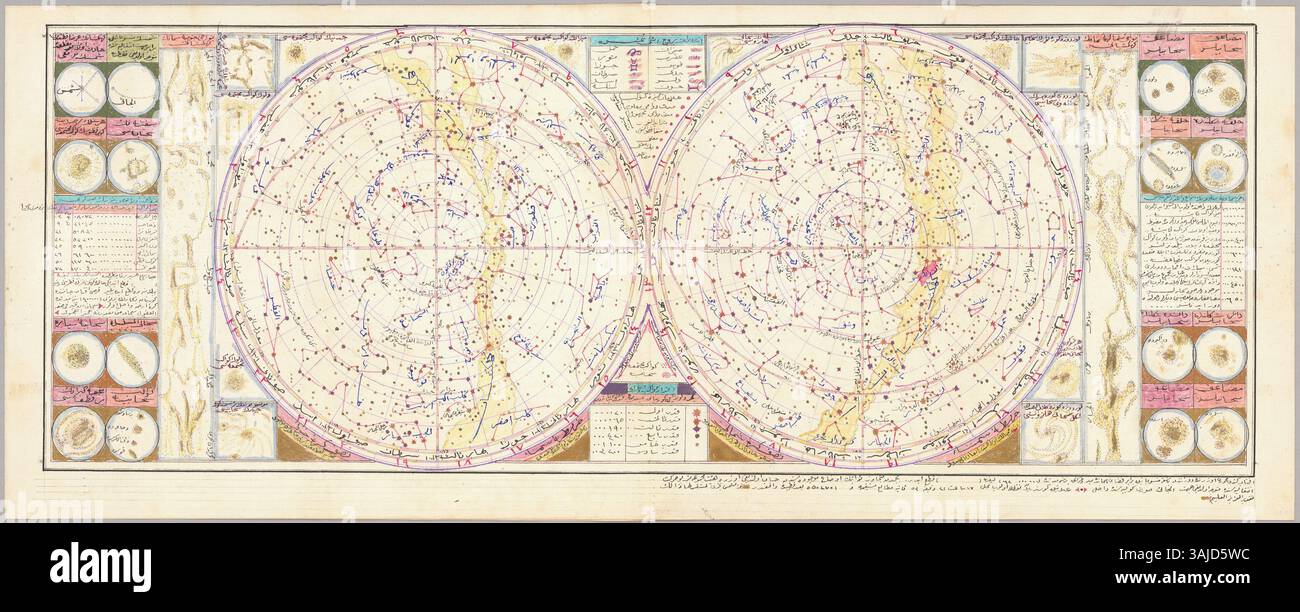 L'Enciclopedia Mondiale del manoscritto ottomano di Abdürrahim Hilmi Bey del 1918 contiene oltre 580 pagine in scrittura ottomana, focalizzata sulla Mecca come centro del mondo. Il manoscritto include 380 mappe, alcune adornate con dettagli in oro e argento, e 225 stampe da libri, riviste e atlanti della fine del XIX e dell'inizio del XX secolo. Questo raro lavoro è un notevole esempio di studio islamico e cartografia. Foto Stock