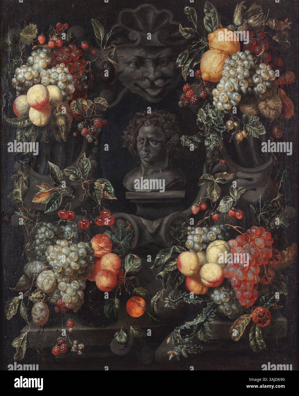 Un dipinto ad olio del XVII secolo di Maria Tassaert, con una ghirlanda di frutta che circonda un busto di Bacco in una nicchia di pietra. L'opera riflette l'influenza classica dell'epoca e l'abilità di Tassaert nella pittura di natura morta. Foto Stock