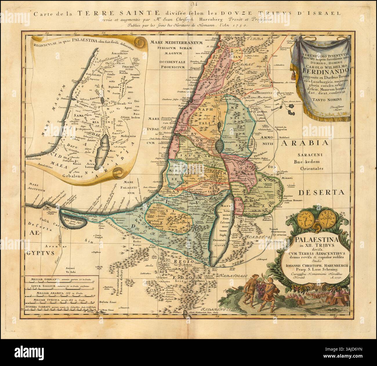Questa mappa della Palestina del 1750, pubblicata da Homannsche Erben e Johann Christoph Harenbergh, illustra i confini politici e le caratteristiche geografiche della regione durante il XVIII secolo. Foto Stock