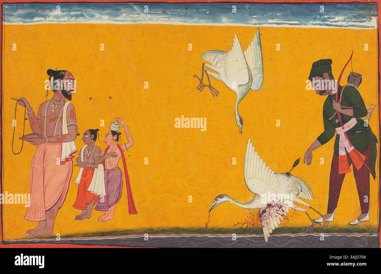 Questo dipinto del XVIII secolo raffigura il momento nel Ramayana in cui Valmiki assiste un cacciatore che uccide un paio di uccelli Kraunch. L'opera d'arte, resa in colori naturali, illustra un episodio significativo dell'epica nello stile tradizionale indiano. Foto Stock