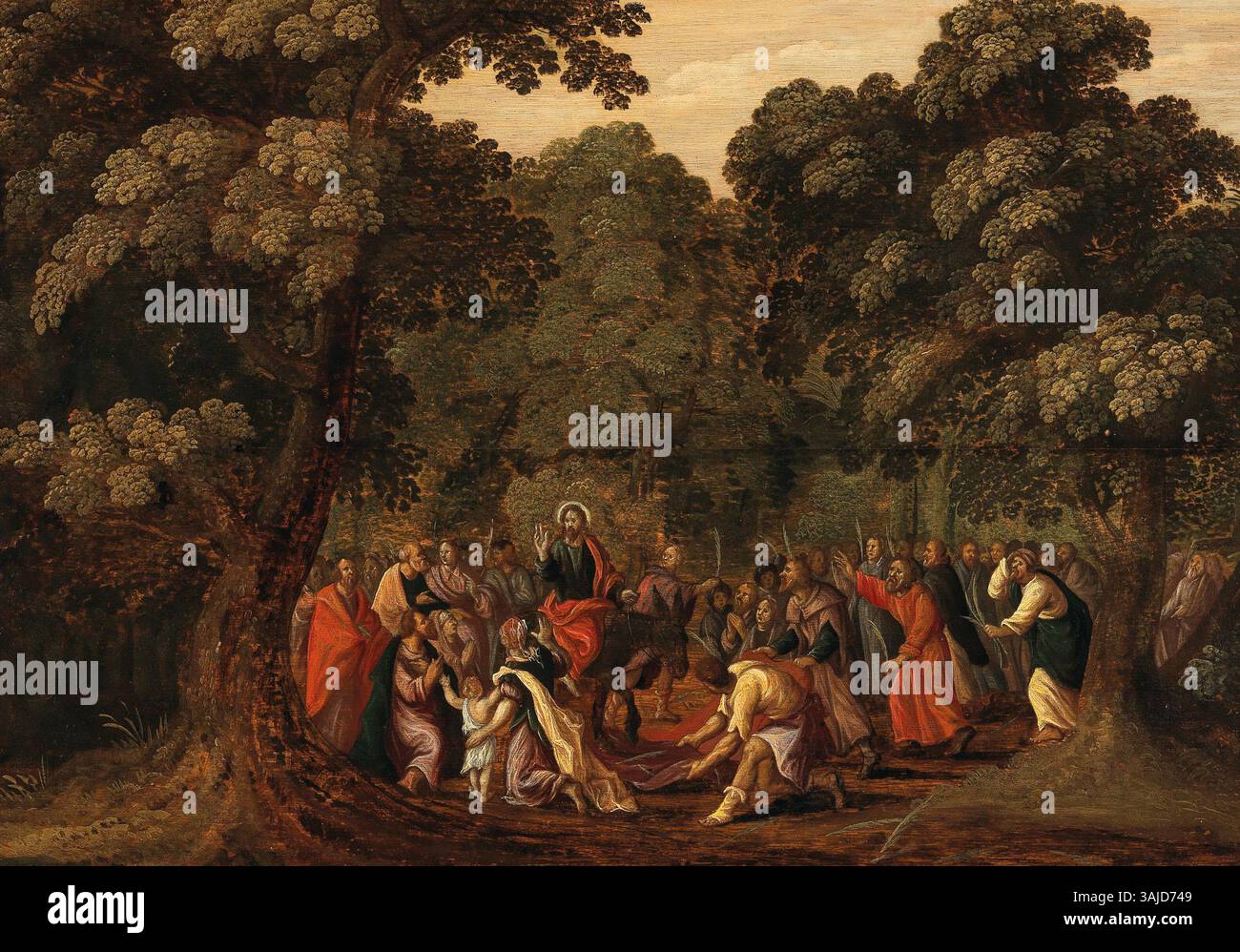 Questa opera d'arte fiamminga del XVII secolo raffigura l'ingresso biblico a Gerusalemme dopo l'incisione di Adriaen Collaert. Il dipinto ad olio su legno cattura il momento drammatico dell'ingresso di Cristo nella domenica delle Palme. Foto Stock