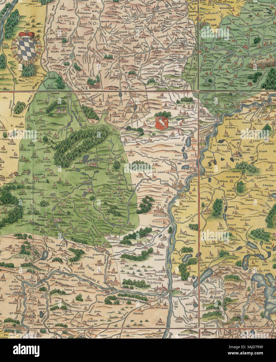 La mappa del 1568 di Philipp Apian, la Bairische Landtafeln, include 24 stampe xilografiche che descrivono le regioni bavaresi. La mappa, notevole per la sua accuratezza, fu utilizzata da Napoleone durante la sua invasione della Baviera. Un importante manufatto storico ora ospitato nel Museo cittadino di Ingolstadt. Foto Stock