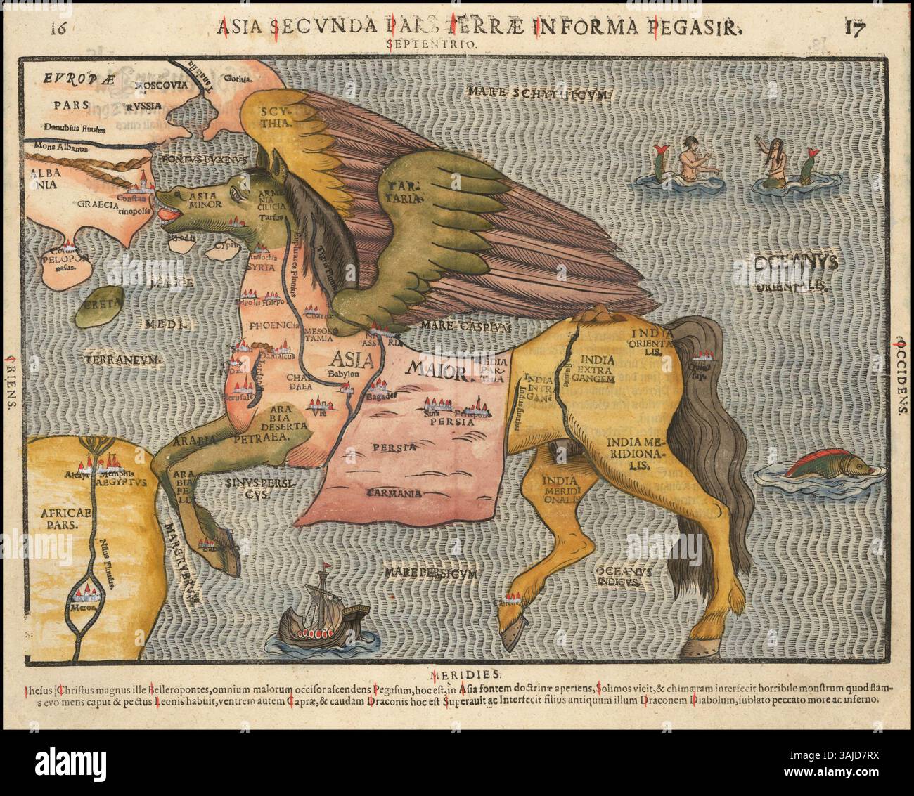 La mappa pittorica degli anni '1580 di Heinrich Bünting illustra l'Asia sotto forma di Pegasus. Questa rappresentazione creativa e simbolica è un approccio unico alla cartografia, che unisce elementi mitologici e geografici. Foto Stock
