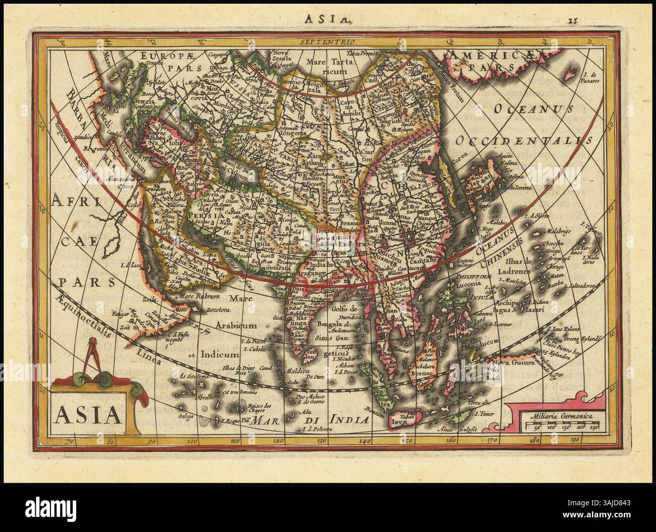 La mappa dell'Asia di Jodocus Hondius i del 1630 illustra le caratteristiche geografiche e i confini politici del continente durante il XVII secolo. Foto Stock