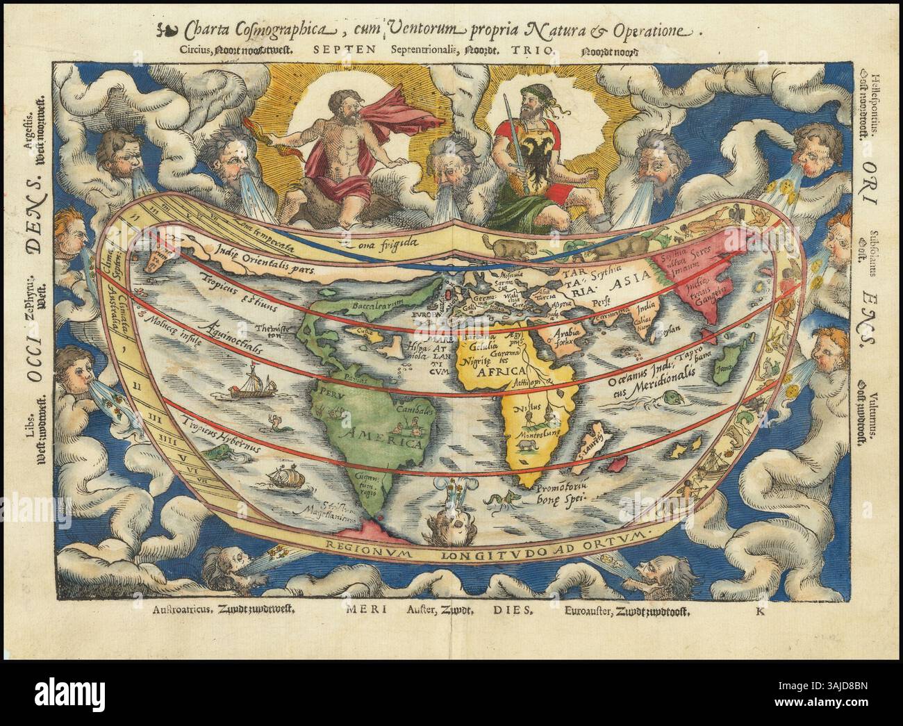 La *Charta Cosmographica*, creata da Petrus Apianus nel 1553, è una mappa del mondo che include una rappresentazione dettagliata dei modelli di vento. Fornisce informazioni sulla comprensione dei sistemi eolici, essenziali per la navigazione nel XVI secolo. Foto Stock