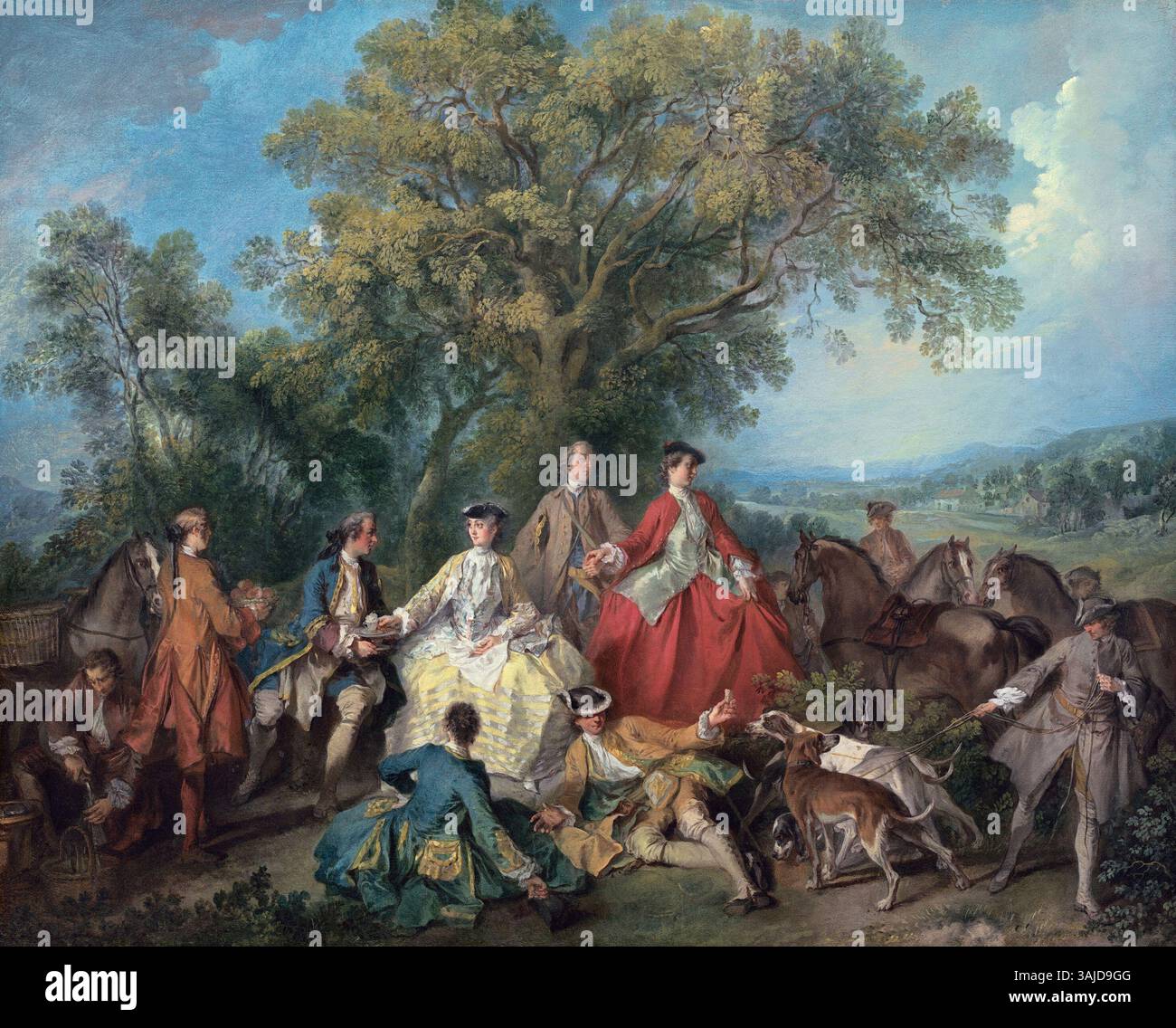 "Picnic After the Hunt" di Nicolas Lancret (1735-1740) illustra un'elegante scena di svago aristocratico dopo una caccia. Il dipinto ad olio è ospitato nella National Gallery of Art Foto Stock