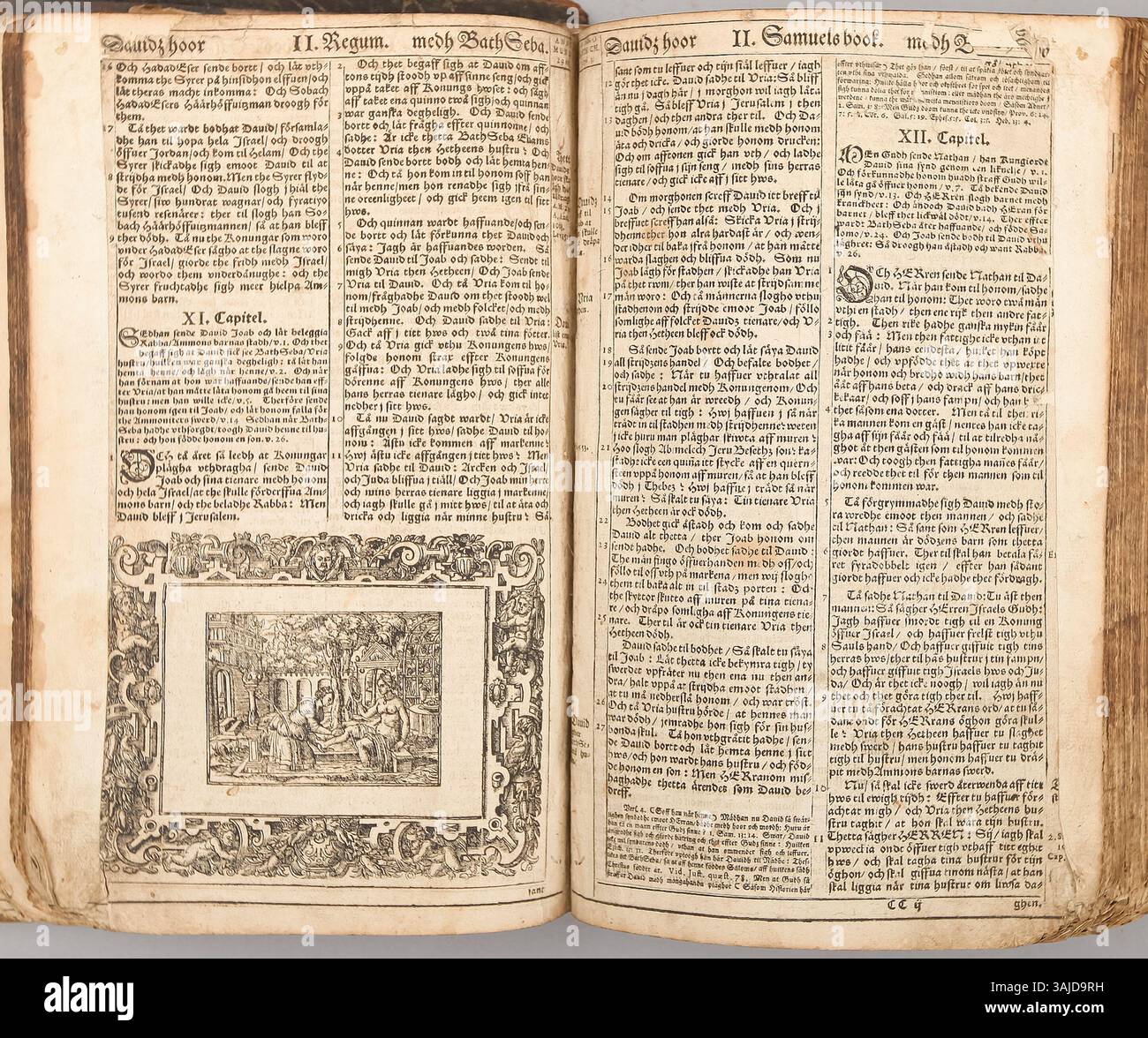 Questa sezione della Bibbia Gustavo II Adolfo del 1618 copre i capitoli da 10 a 12 del Libro dei 2 Re, che descrivono il regno di re Jehu e le sue azioni in Israele. Questi capitoli discutono intrighi politici, regalità israelita e intervento divino. Foto Stock