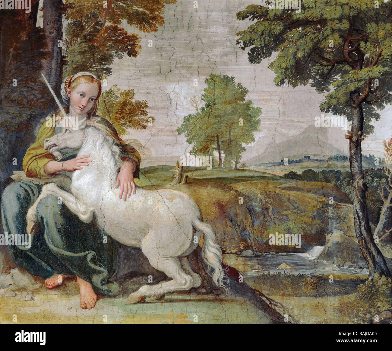 La "Vergine e unicorno" di Domenichino, dipinta intorno al 1602, raffigura una scena pastorale con una donna che tiene un unicorno in un ambiente boscoso. Questo affresco fu realizzato sotto l'influenza di Annibale Carracci a Palazzo Farnese. Foto Stock