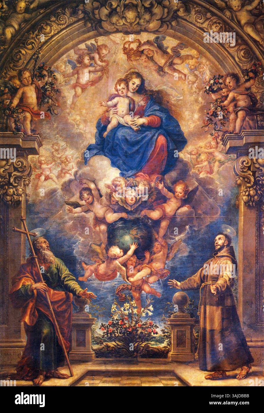 Questo grande dipinto ad olio di Francisco Rizi, creato intorno al 1650, raffigura la Vergine Maria con Gesù bambino, San Filippo e San Francesco. Fa parte della pala d'altare del Convento de los Padres Capuchinos di Madrid e misura 5,70 x 3,20 metri. Foto Stock