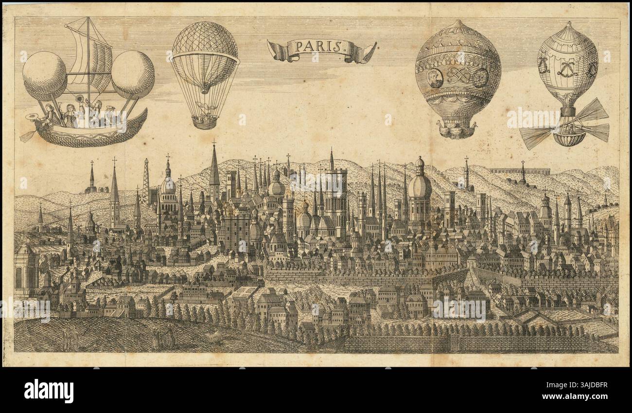 Questa opera d'arte degli anni '1780 cattura una vista di Parigi con mongolfiere, che mostrano le prime tecnologie aeronautiche nello skyline della città. Foto Stock