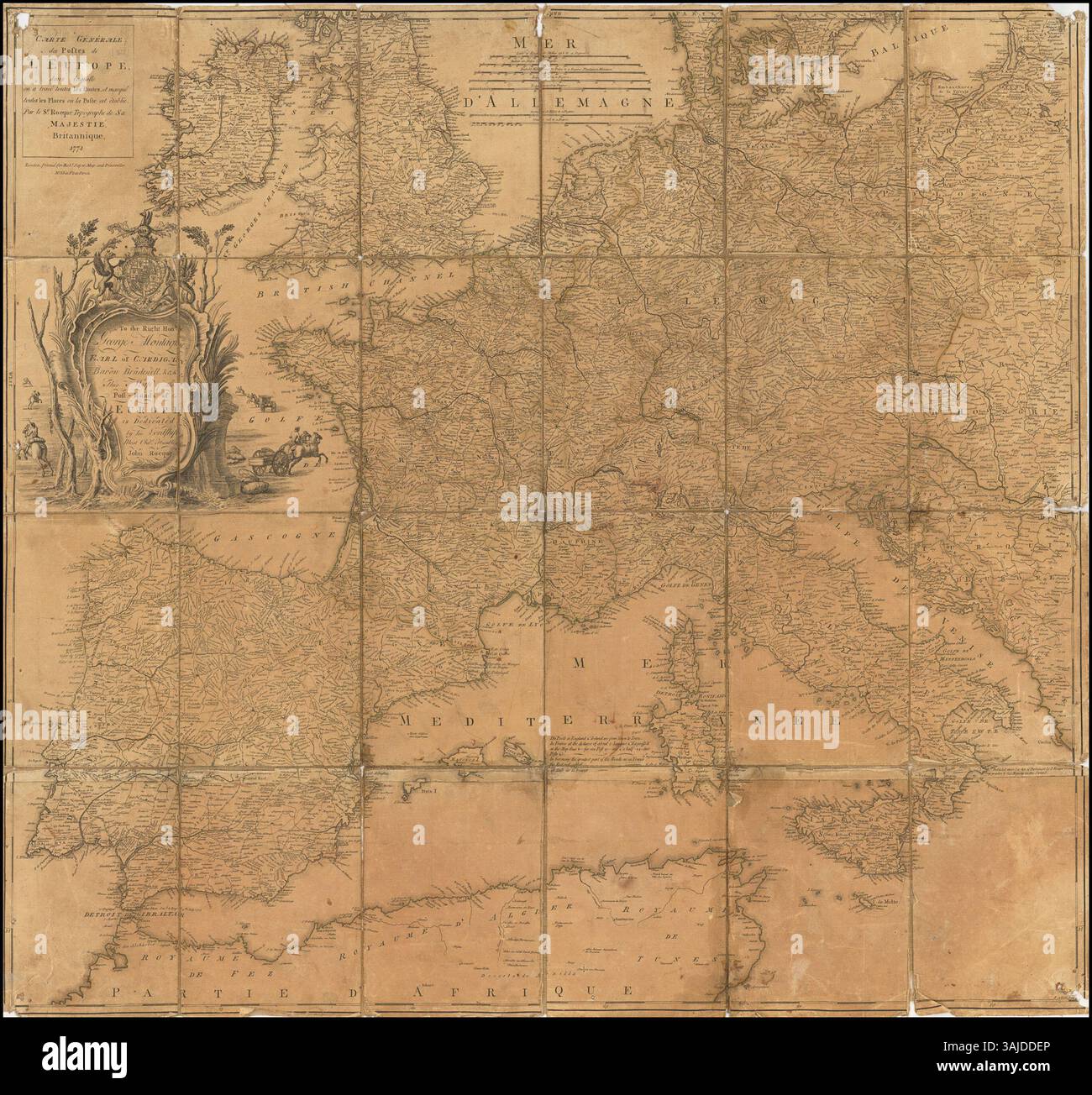 La mappa di John Rocque del 1771 mostra le rotte postali d'Europa, pubblicata per la prima volta nel 1758, fornendo una visione dei primi anni del XVIII secolo delle infrastrutture di trasporto in tutto il continente. Foto Stock