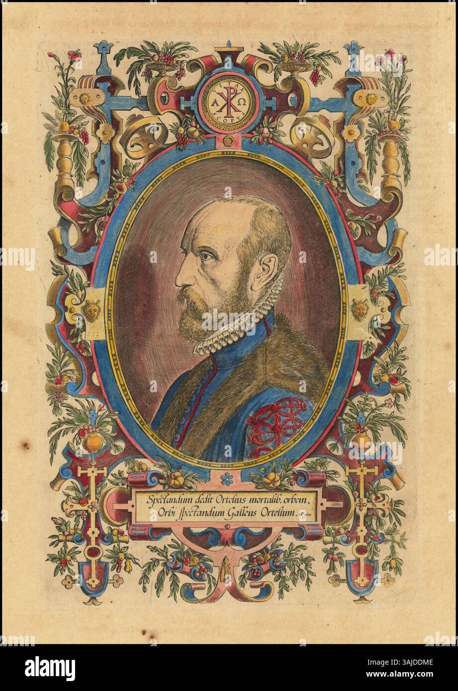 Il ritratto del 1579 di Abraham Ortelius, inciso da Philip Galle, mostra il famoso cartografo e geografo che ha creato il primo atlante moderno. L'incisione faceva parte del "Theatrum Orbis Terrarum" di Ortelio, il primo vero atlante mondiale. Foto Stock