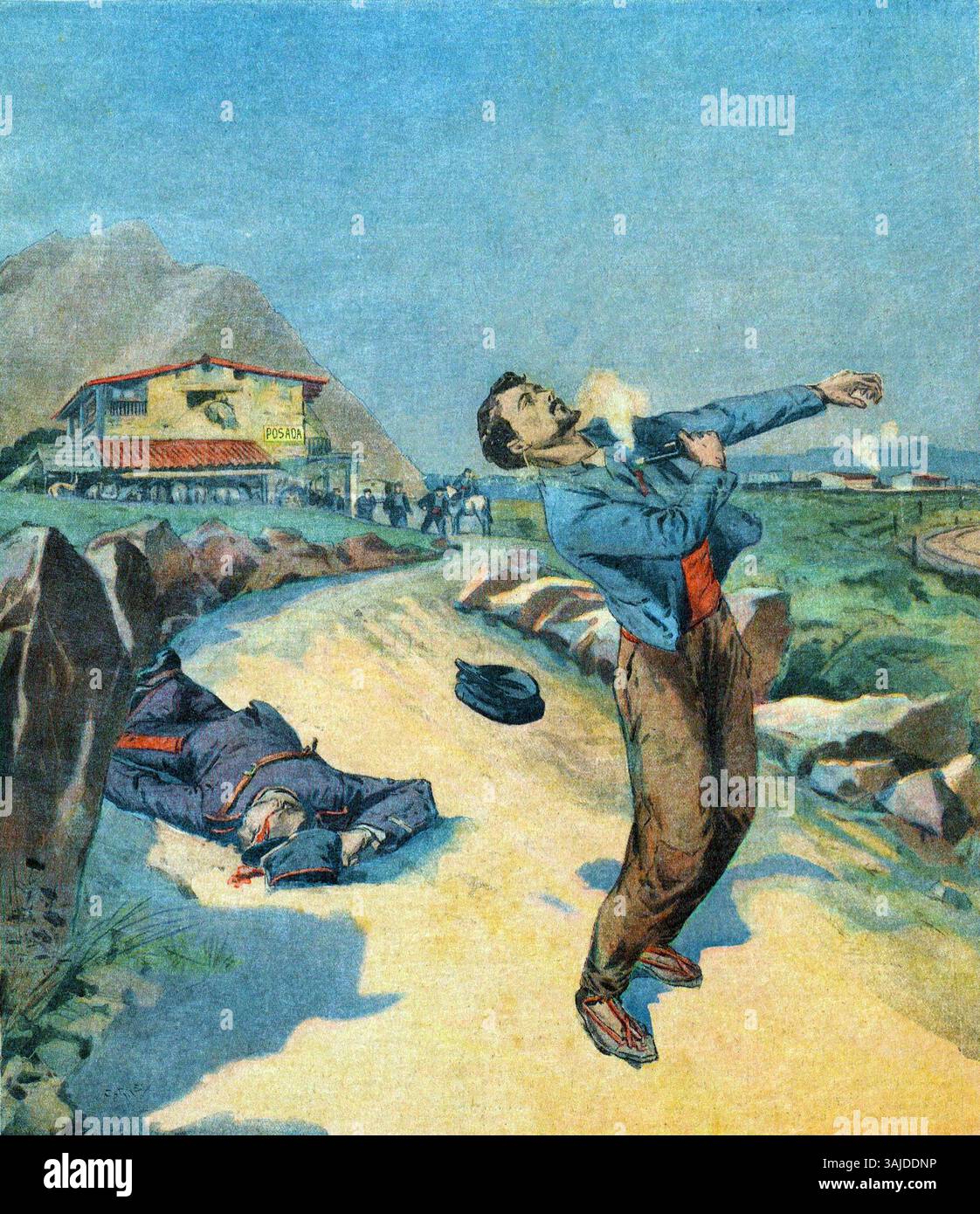 L'illustrazione di copertina del 1906 di "le Petit Parisien" raffigura l'anarchico Matteo Moral che uccide un guardiano e poi si suicida, parte di un evento drammatico riportato sul giornale francese. Foto Stock