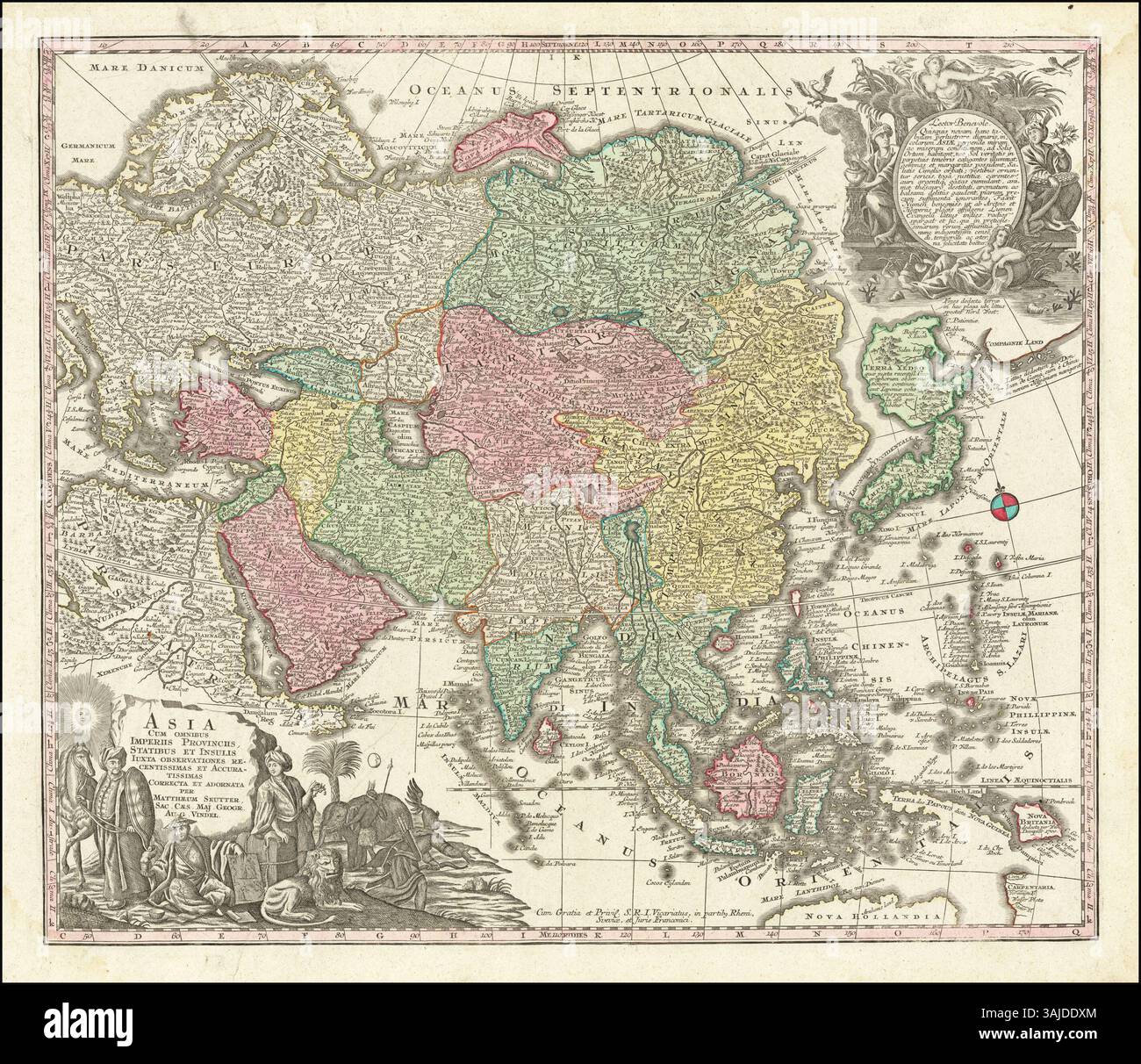 Una mappa del 1740 di Matthaus Seutter che illustra il continente asiatico, con dettagli sulle sue regioni e sui suoi confini politici durante il XVIII secolo. Foto Stock
