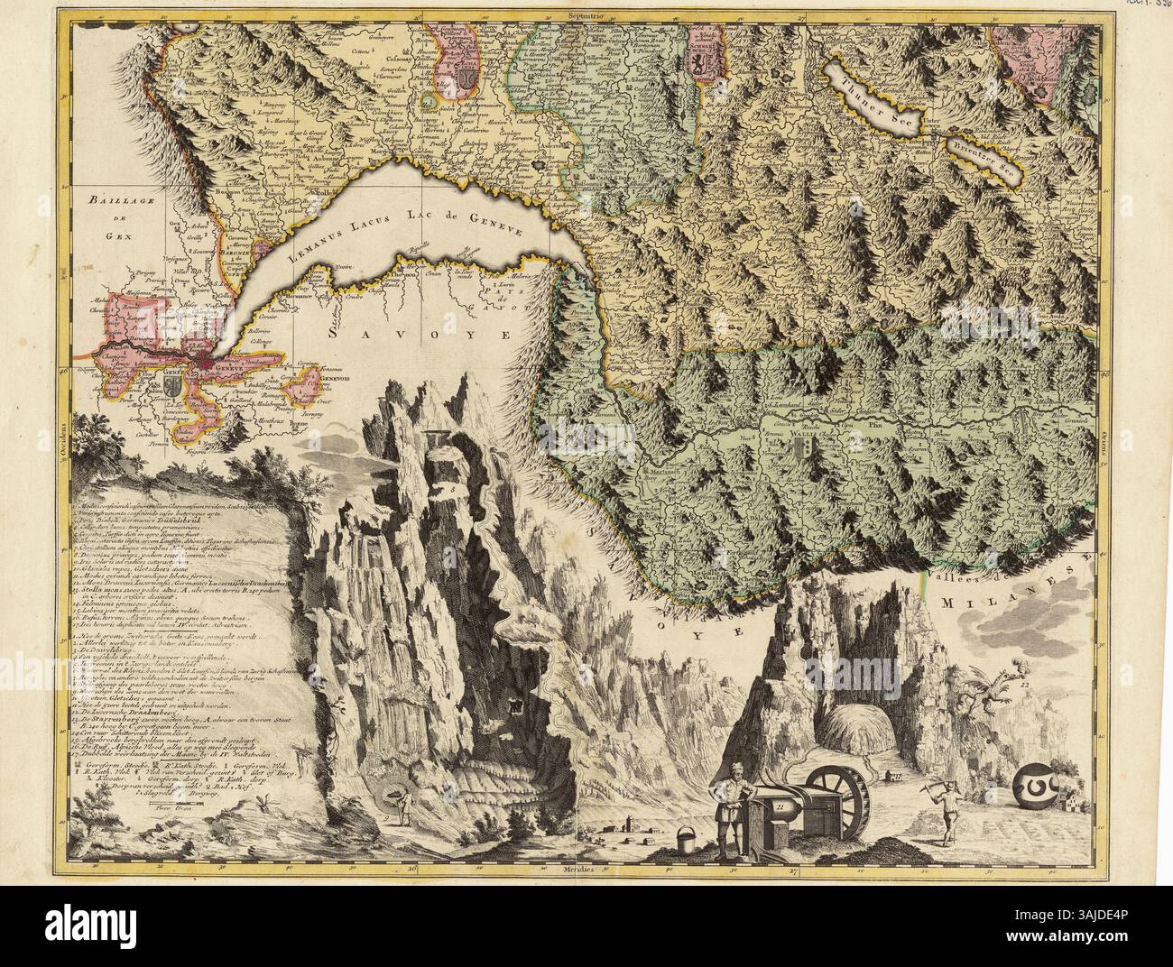 Una mappa del 1715 intitolata Nova Helvetiae tabula geographica, che mostra i dettagli geografici della Svizzera, creata da Johann Jakob Scheuchzer e Pieter Schenk. La mappa è 42 x 55 cm. Foto Stock