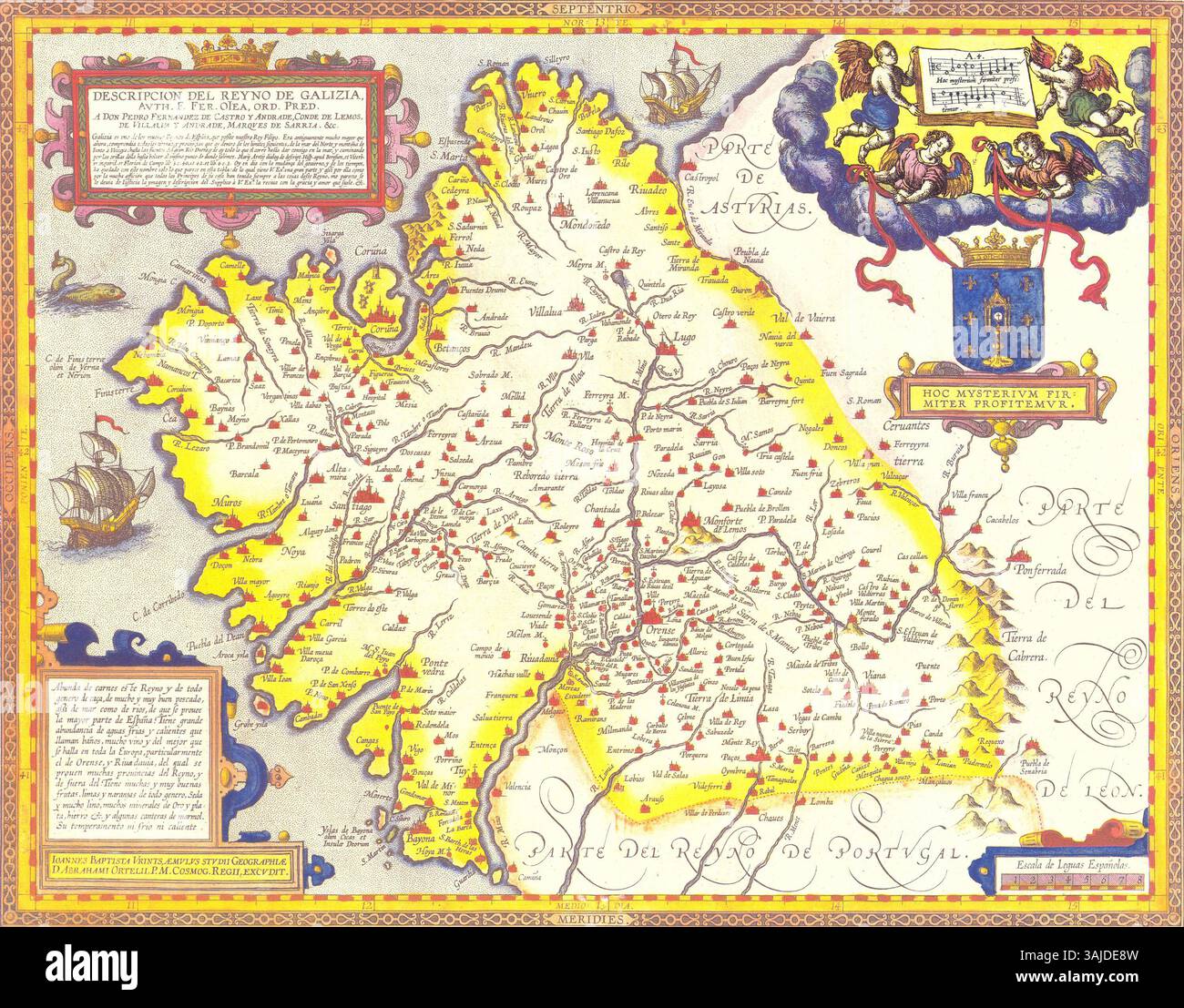 Questa descrizione della mappa di Fernando Ojea delinea il Regno di Galizia, una regione storica della Spagna. Fornisce dettagli geografici sui suoi confini e la storia sotto il regno di re Filippo. Foto Stock