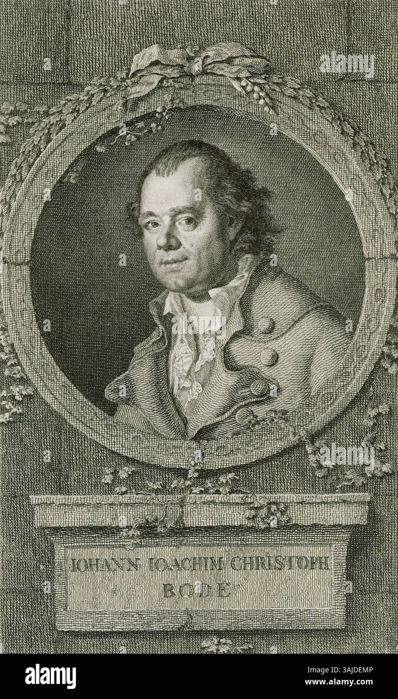 Un'incisione in rame di Johann Joachim Christoph Bode, prodotta da Eberhard Siegfried Henne e Johann Ernst Heinsius, che rappresenta il ruolo prominente di Bode nella ricerca astronomica. L'incisione fa parte della collezione della Biblioteca statale e universitaria di Amburgo. Foto Stock