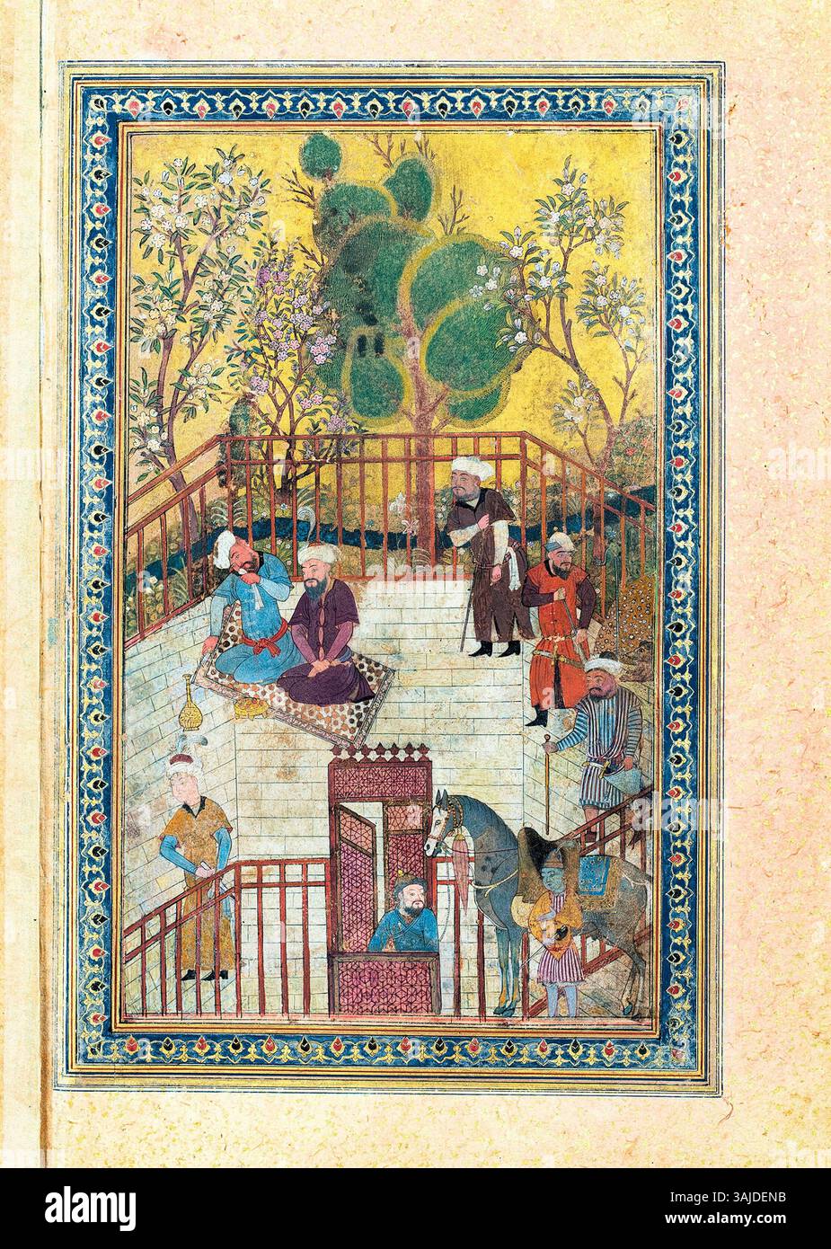 Questa illustrazione tratta dal manoscritto Herat del 1459-60 mostra un momento chiave in "The Cup of Jamshid". Il dipinto fa parte della tradizione artistica timuride, raffigurante i poteri mitici della coppa. Foto Stock