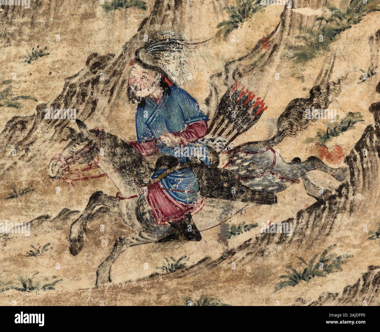 Questa illustrazione dell'inizio del XIV secolo tratta dal Diez album raffigura un cavaliere del sistema postale Yam, mettendo in evidenza l'efficiente sistema di comunicazione e trasporto istituito dai Mongoli. Lo Yam era una componente chiave nelle infrastrutture dell'Impero mongolo. Foto Stock