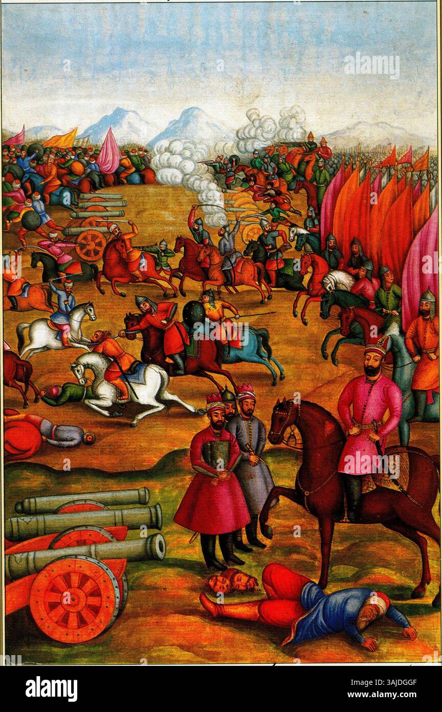 Il manoscritto Jahangusha-YE Naderi del 1757 d.C. presenta una scena delle campagne in corso di Nadir Shah. L'opera riflette la complessità e la portata delle strategie militari impiegate da Nadir Shah e dalle sue forze durante questo periodo. Foto Stock