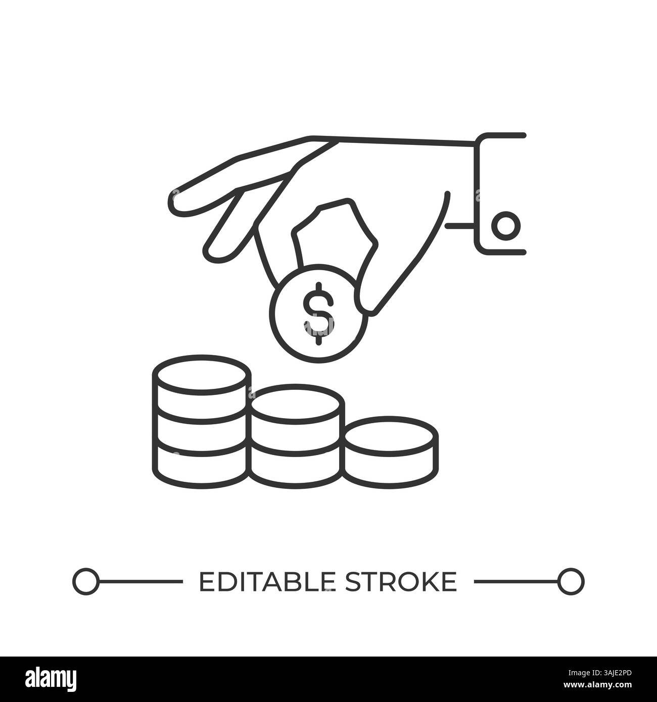 Mano che mette la moneta sull'icona della linea della pila Illustrazione Vettoriale