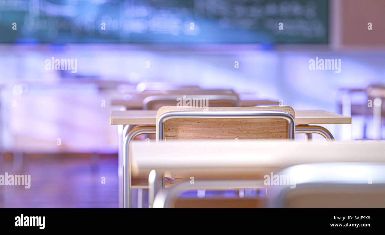Aula vuota con scrivanie scolastiche in legno e lavagna in background in 3d. Foto Stock