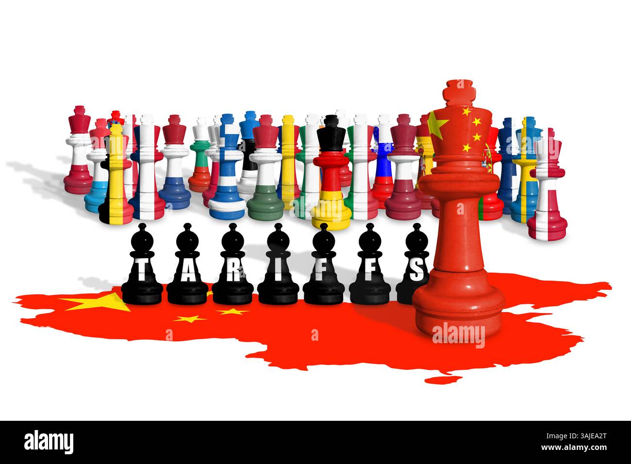 Scacchi fatti da membri dell'UE e bandiere della Cina. Il commercio, le tariffe, le dogane e la guerra dei dazi dell'Unione europea e della Cina Foto Stock