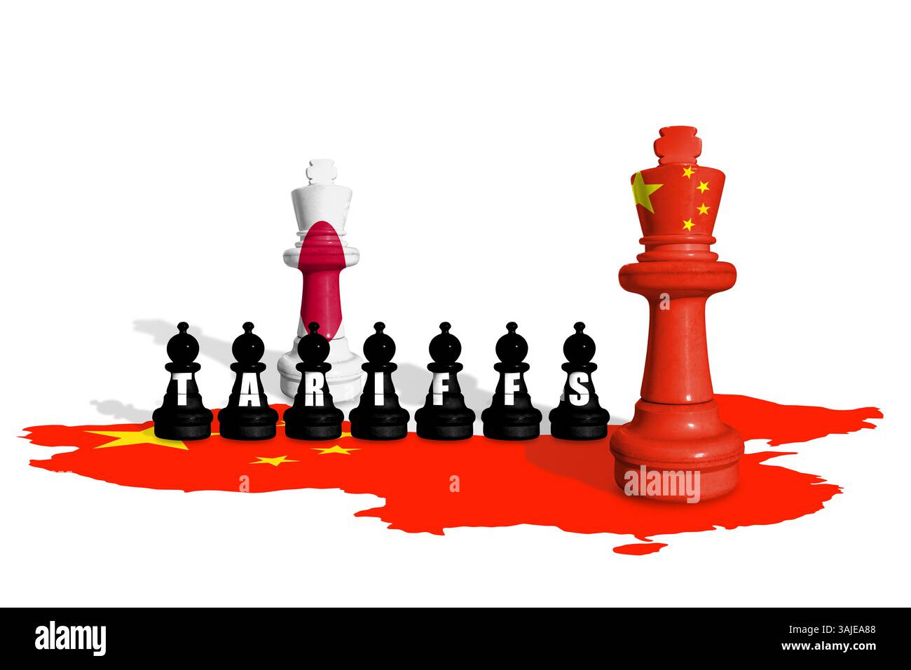 Scacchi fatti con bandiere del Giappone e della Cina. Commercio, tariffe, dogane e guerra dei dazi Foto Stock