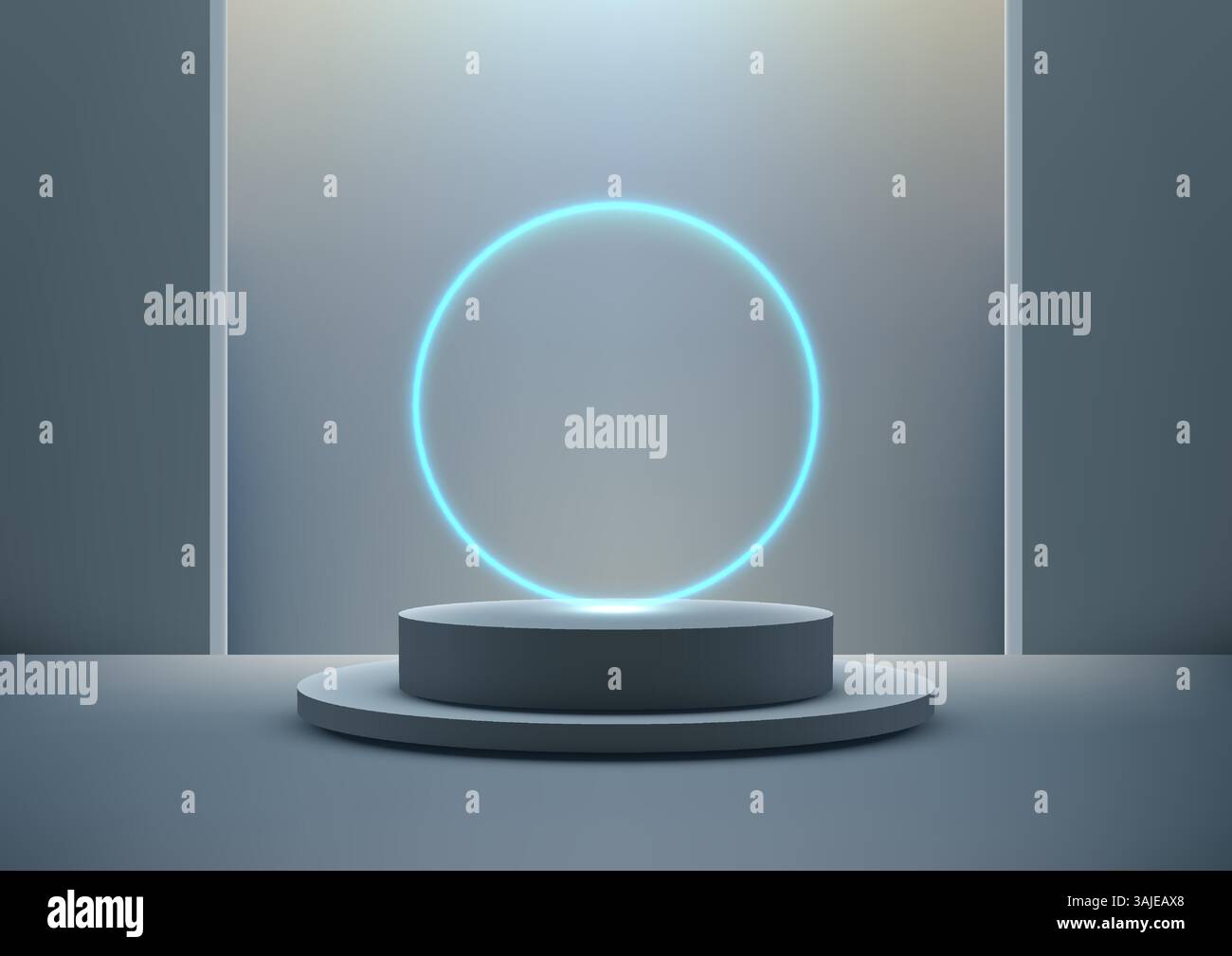 moderno podio illuminato in 3d con luce blu al neon, perfetto per vetrine tecnologiche, esposizioni di prodotti o mockup per eventi aziendali. SL Illustrazione Vettoriale