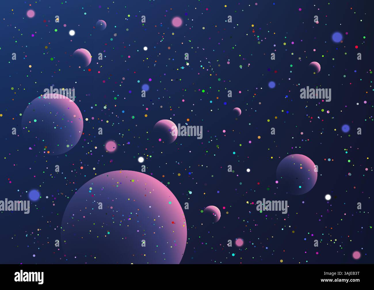 Sfondo blu intenso della scena cosmica con pianeti viola e rosa testurizzati, stelle scintillanti e polvere celeste, fantascienza, tecnologia, e il tema dell'astronomia Illustrazione Vettoriale