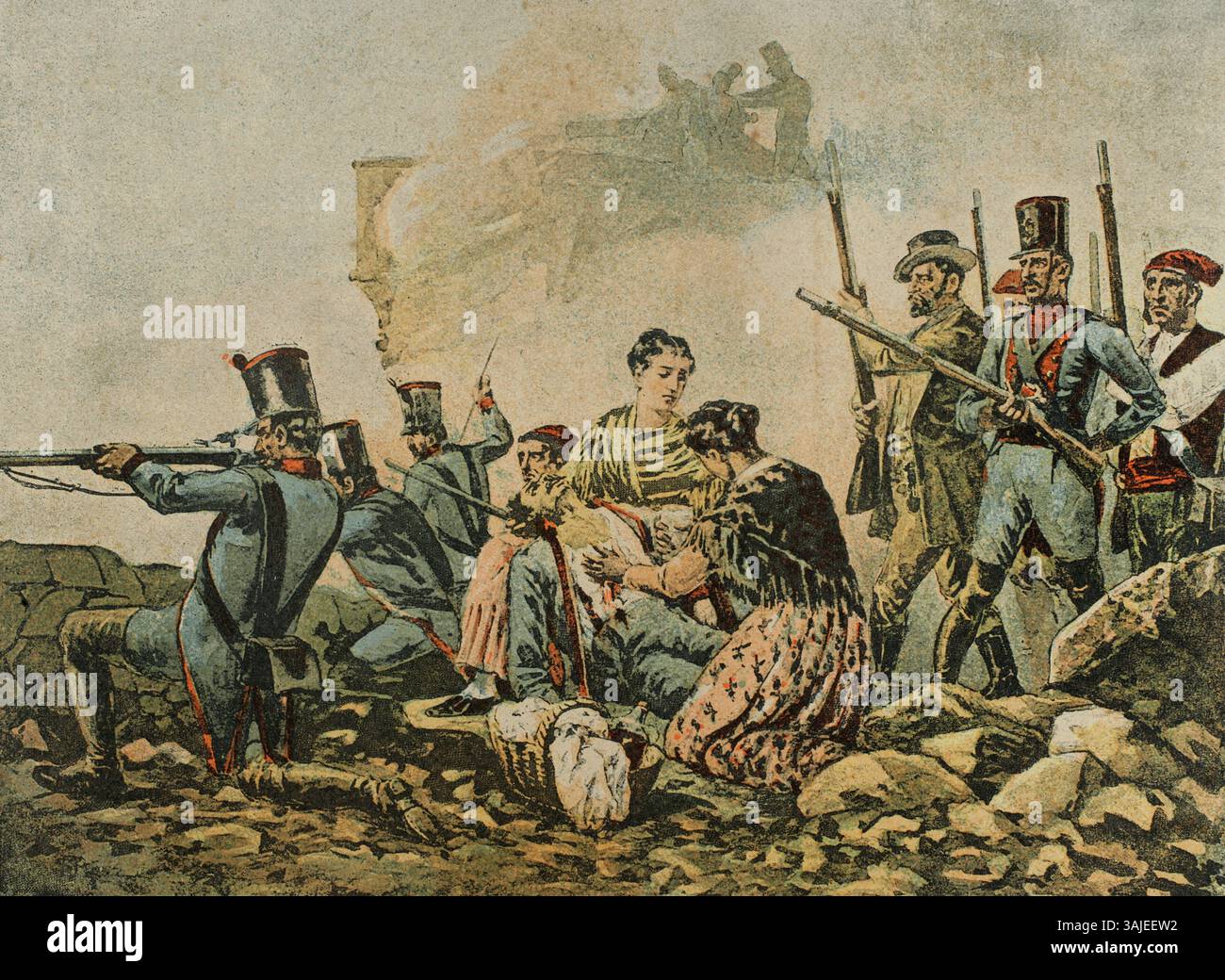 Guerra d'indipendenza spagnola (1808-1814). Terzo assedio di Gerona (dal 6 maggio al 12 dicembre 1809). La città fu assediata per sette mesi sotto il comando del generale Alvarez de Castro. Capitolò il 12 dicembre 1809. 19 settembre a Gerona. Cromolitografia. El Grito de Independencia (l'urlo per l'indipendenza), di Carlos Mendoza. Pubblicato a Barcellona, 1890. Foto Stock