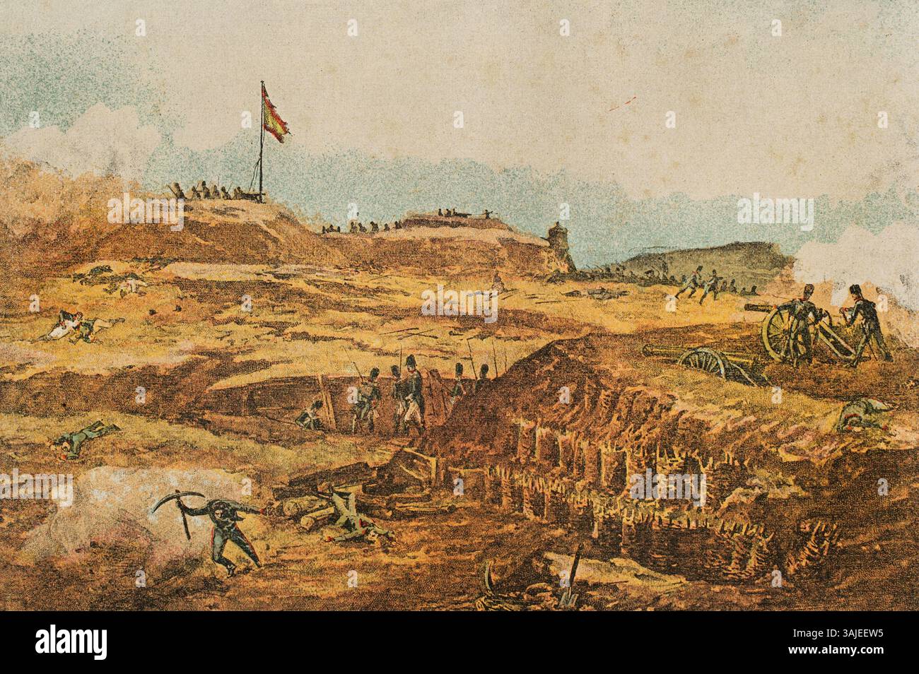 Guerra d'indipendenza spagnola (1808-1814). Terzo assedio di Gerona (dal 6 maggio al 12 dicembre 1809). La città fu assediata per sette mesi sotto il comando del generale Alvarez de Castro. Capitolò il 12 dicembre 1809. Eroica difesa del castello di Montjuich (castello di Montjuic). Cromolitografia. El Grito de Independencia (l'urlo per l'indipendenza), di Carlos Mendoza. Pubblicato a Barcellona, 1890. Foto Stock