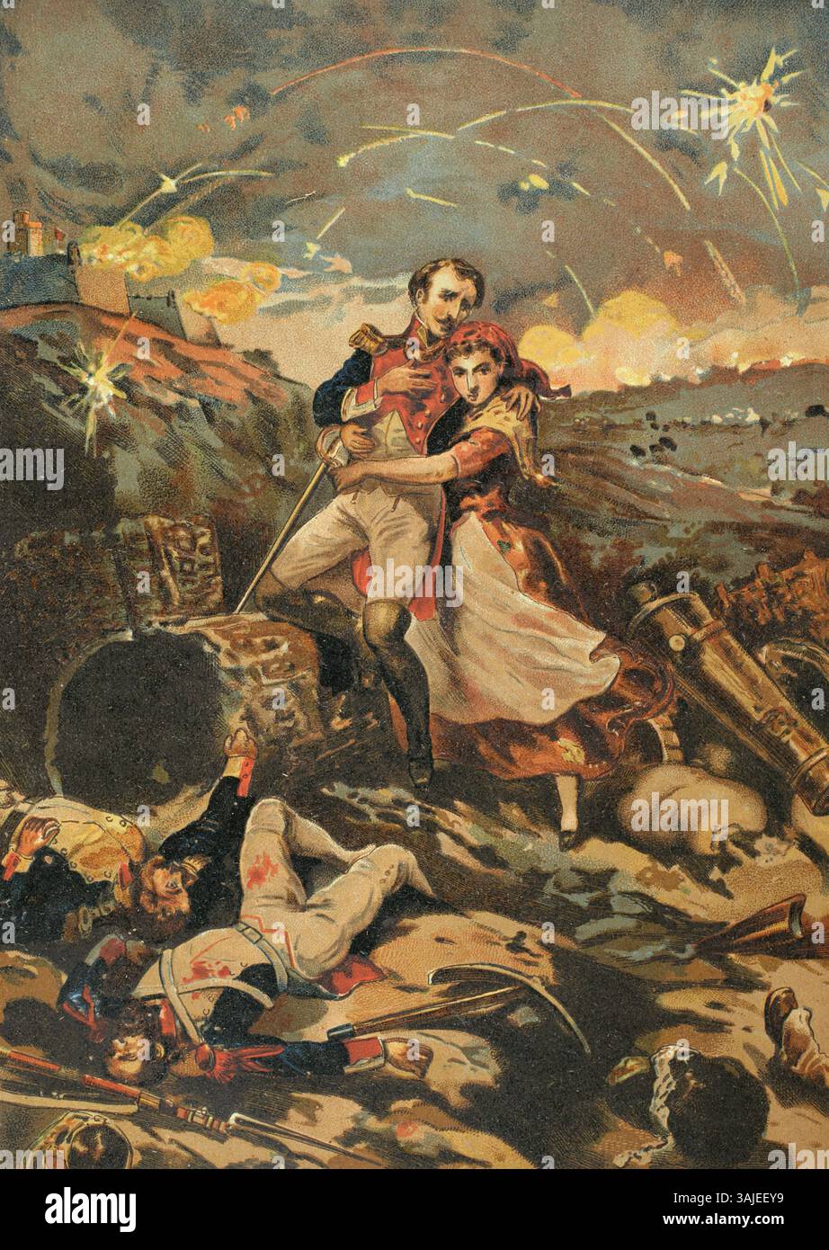 Catalogna, Spagna. Guerra d'indipendenza spagnola (1808-1814). Assedio di Tarragona (1811). Si confrontò con le truppe francesi al comando del generale Suchet contro le truppe spagnole guidate da Juan Senén de Contreras, governatore militare della città. I combattimenti ebbero luogo tra il 5 maggio e il 29 giugno 1811, terminando con l'occupazione francese della città. Tarragona rimase sotto il controllo francese fino alla ritirata di Suchet il 13 agosto 1813. "La donna aveva portato l'uomo ferito tra le braccia". Cromolitografia. El Grito de Independencia (l'urlo per l'indipendenza), di Carlos Mendoza. Pubblicato a Barcellona, 1890. Foto Stock